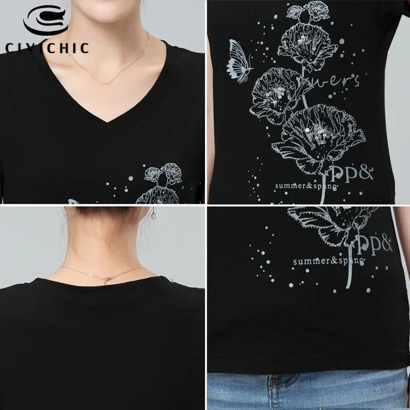 

CIVICHIC Women Ethnic Style V Neck Cotton T-shirt Butterfly Floral Print Tee Lady Short Sleeve Primer Shirt Bead Retro Top WST06