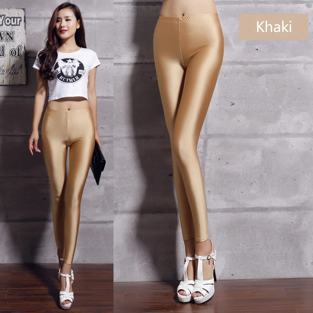 Daddy Chen Shiny Glossy Elastic Waist Leggings High Skinny Pants Women Fluorescent Color Ice Silk Ankle-Length Candy | Женская одежда