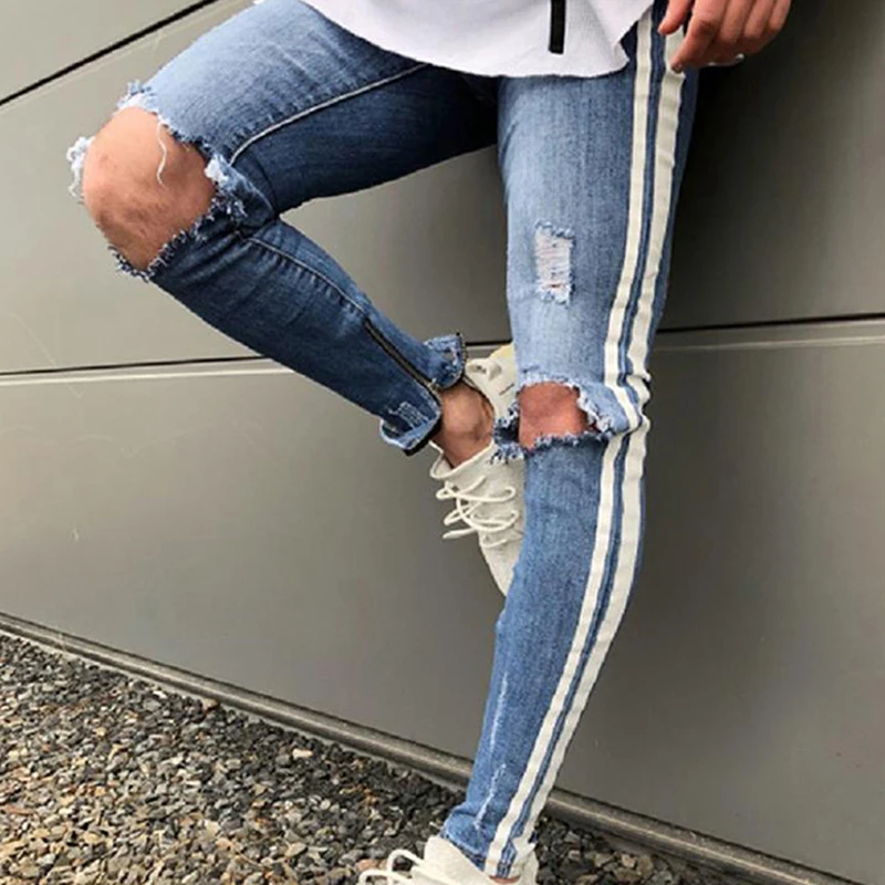 LAAMEI рваные джинсы для мужчин Slim Fit Хай-стрит брюки мужские с дыркой на колене