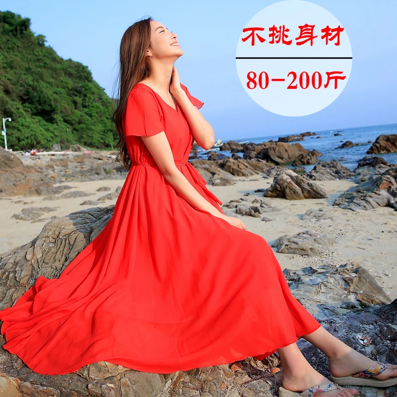 

Bohemia Beach Skirt, Long Skirt, Large Size V-Collar Slim Seaside Resort Skirt, Red Chiffon Dress, Summer 2019maxi dresses