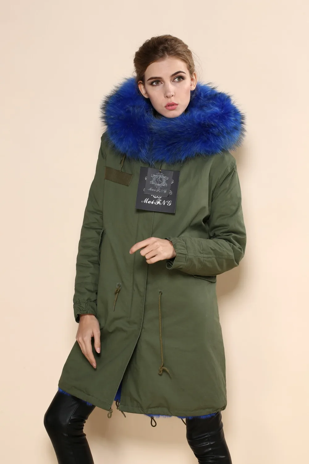 Темно-зеленая женская зимняя пуховая модная синяя шапка длинная парка высшего