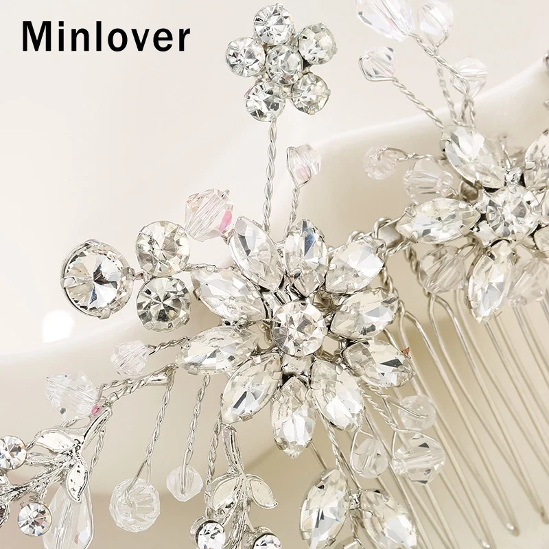 Minlover, корейский серебряный цвет, женские расчески для волос/булавка, модный хрустальный цветок, ветка, свадебные аксессуары для волос, головной убор ручной работы FS288