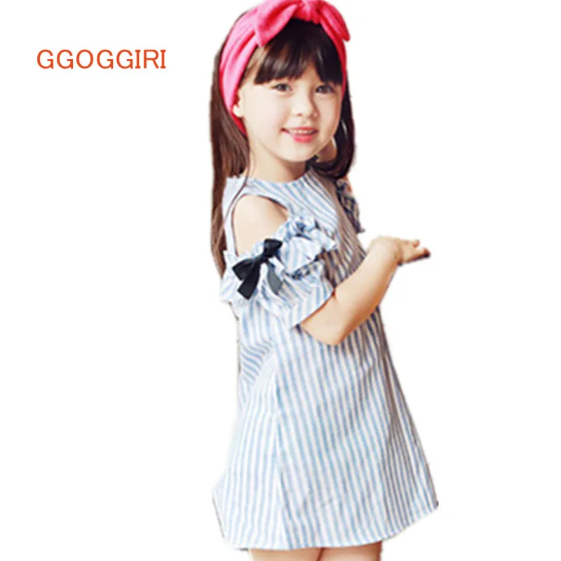 

GGOGGIRI/Брендовая детская одежда, новые летние модные хлопковые мини-платья в полоску с вырезом на плечах и бантом для девочек
