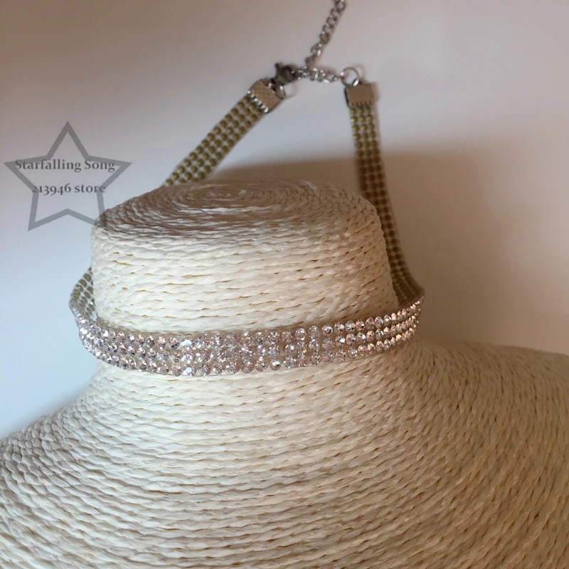 Ручная работа 7 мм/шир. три ряда стеклянных кристаллов и нержавеющей стали