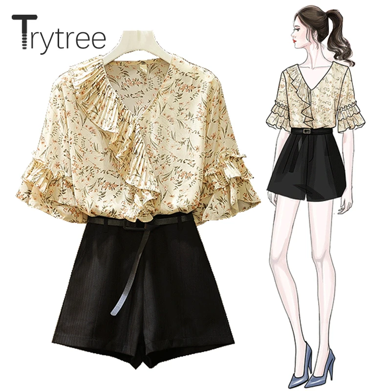 Trytree летний женский комплект из двух предметов Повседневный Принт Цветочный