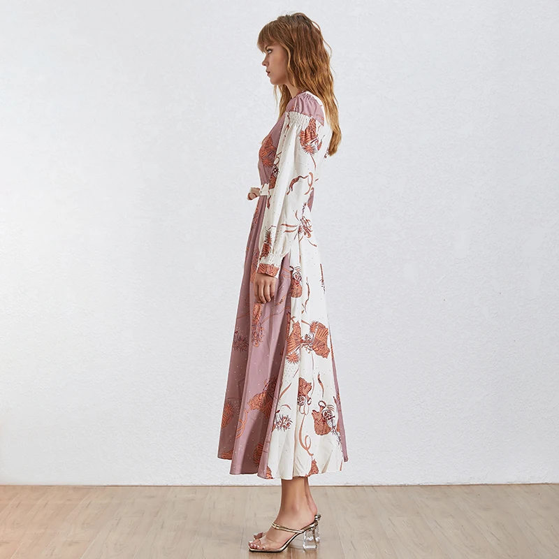 TWOTWINSTYLE Summer Print Dress Female V Neck Lantern Sleeve Bandage Bow Asymmetrical Dresses Women Fashion New Bohemian Style | Женская