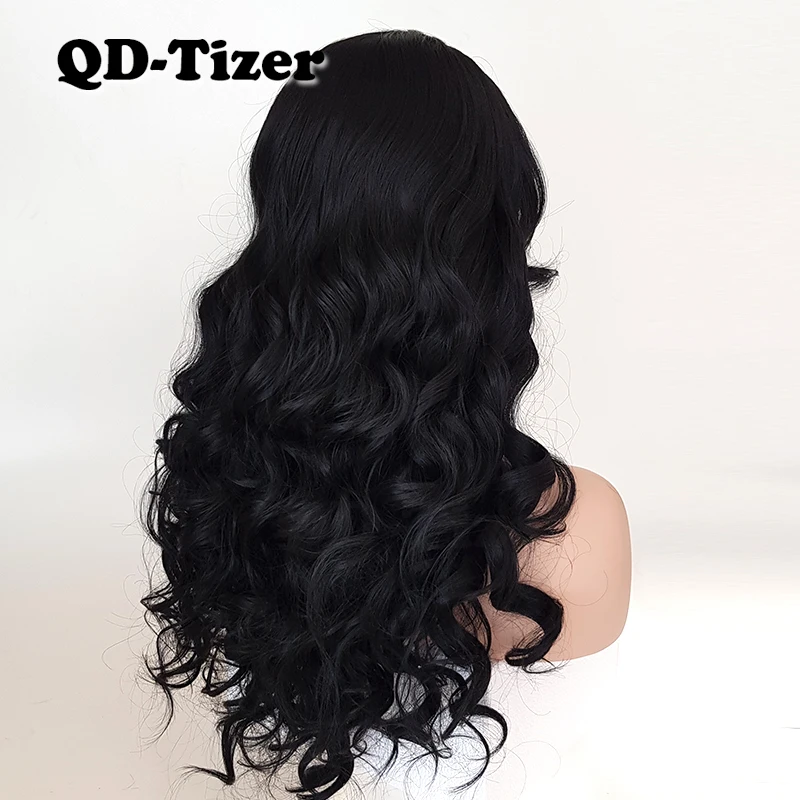 QD Tizer Body Wave черный цвет с челкой кружевные парики без клея крупные волнистые