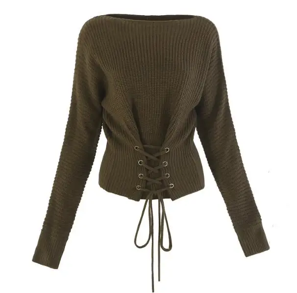 

Europe Belt Strap Knit Sweater Female Multicolor Slim Long Sleeve Sweater