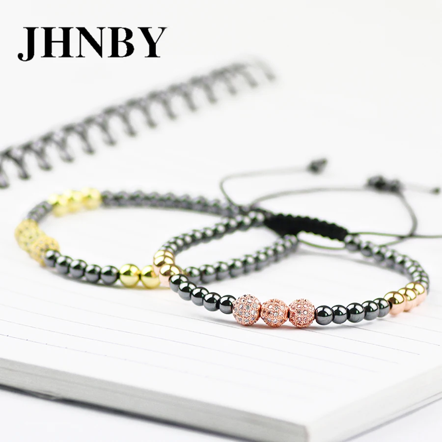JHNBY Ball 4/5mm Hematite Beads Pave CZ Men Charm Copper Bracelet Rose Gold Color Trendy Women Braided Rope Bangle Jewelry Gift | Украшения