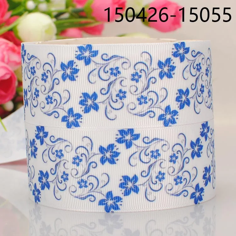 

50yards 1-1/2 " 38 mm beautiful blue and white flower printed grosgrain ribbon party decoration gift ribbon Free shipping