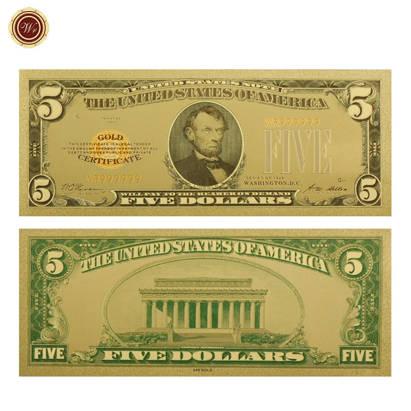 WR 5 долларов 24k Φ 1928 год красочные поддельные деньги США валюта банкнот искусство
