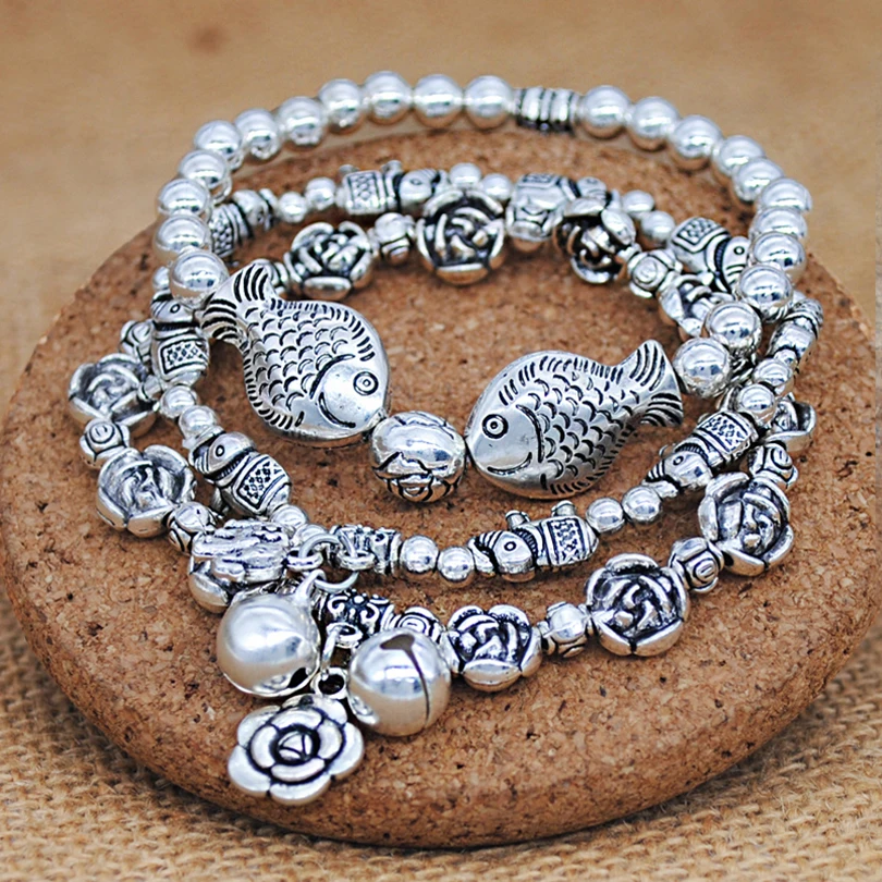 

Vintage Beads Bracelet Antique Silver Plated Fish Elaphant Flower Bell Bracelts Handmade Elastic Jewelry Gifts
