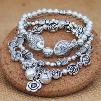 vintage beads bracelet antique silver plated fish elaphant flower bell bracelts handmade elastic jewelry gifts