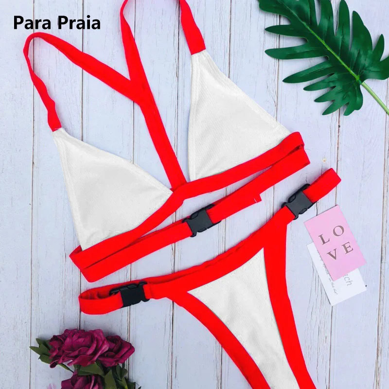 Halter Bandeau Swimwear Belt Buckle Bikini Set Women Swimsuit Sport Sexy Bathing Suit High Cut Swimwear Thong Swim Wear