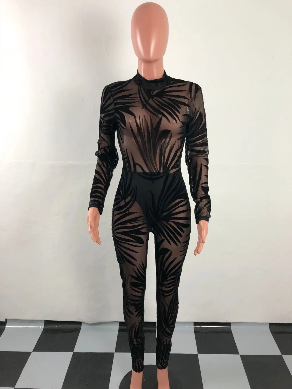 Bamboo leaf Sheer Mesh See Through Комбинезон с круглым вырезом и длинными рукавами для женщин