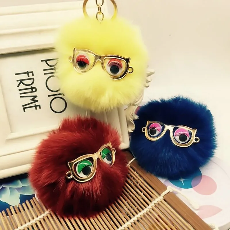 

Fashion Eyeglass Fur Ball Keychain imitated Rabbit Fur Pom Pom Plush Key Chain Keyring Men Women Pompom Keychain EH432