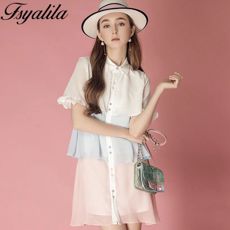 Шифоновое платье рубашка летнее плиссированное Симпатичные Kwaii Vestido Женщины с