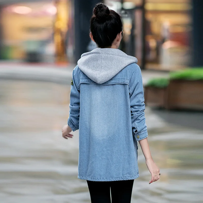 

Danjeaner Hooded Drawstring Boyfriend Trend Jean Swish Pockets Two Piece Coat 2018 Blue Long Sleeve Single Breasted Denim Jacket