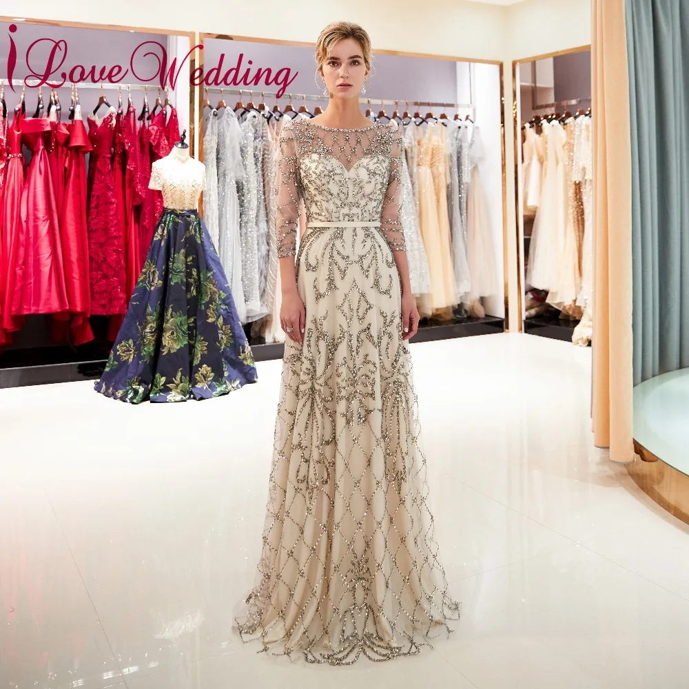 Вечерние трапециевидные платья цвета шампанского ilovebridal с длинными рукавами 3/4