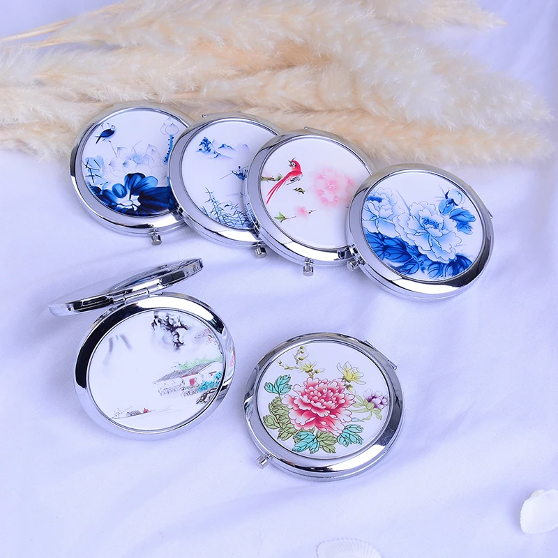 White and Blue Porcelain Mirrors Mini Makeup Compact Pocket Mirror Double Sided Magnifying Folding | Красота и здоровье