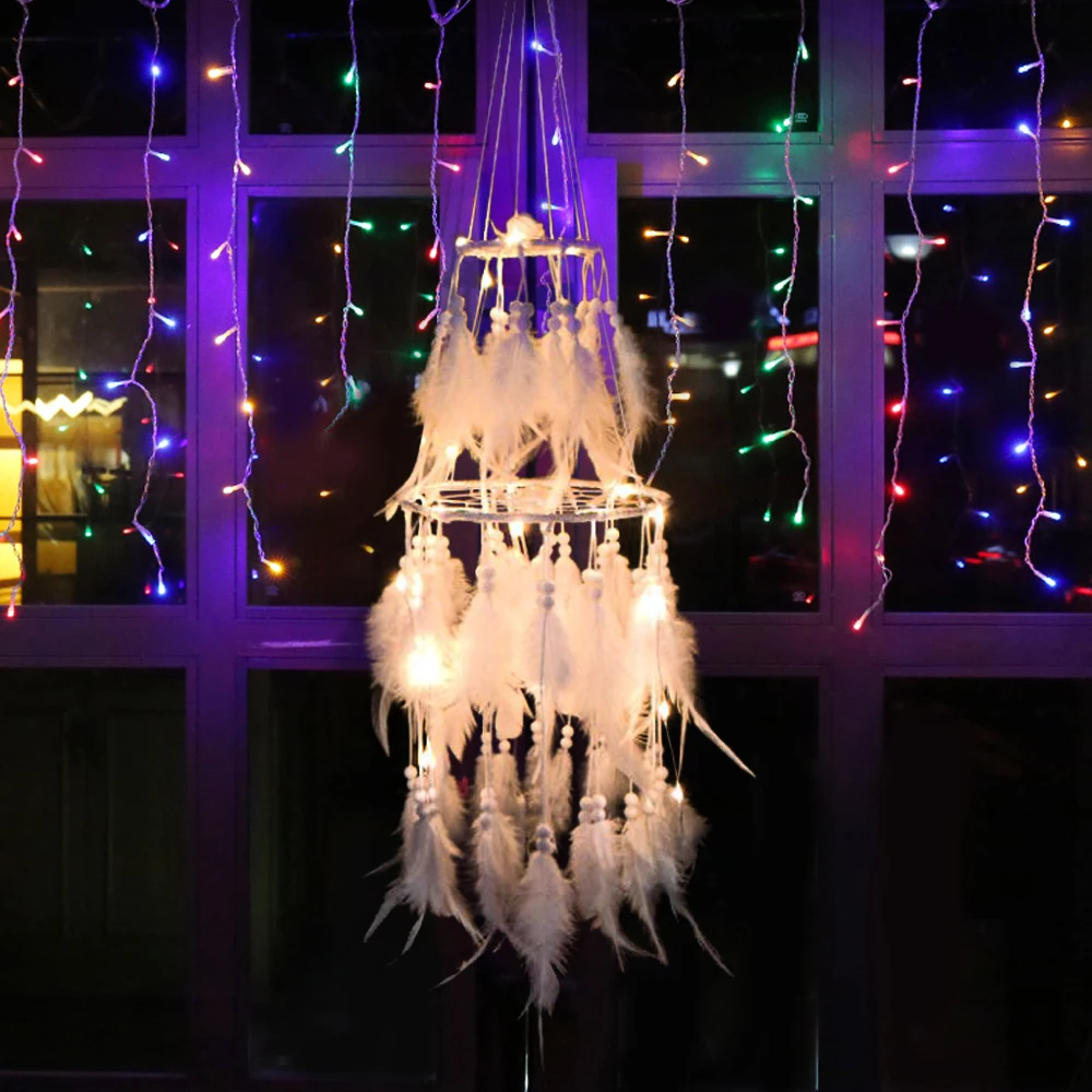 

Large LED light Dream Catcher DIY Wedding Decoration Double Circle White Feather Wall Hanging Decoration for Girls Bedroom Gifts