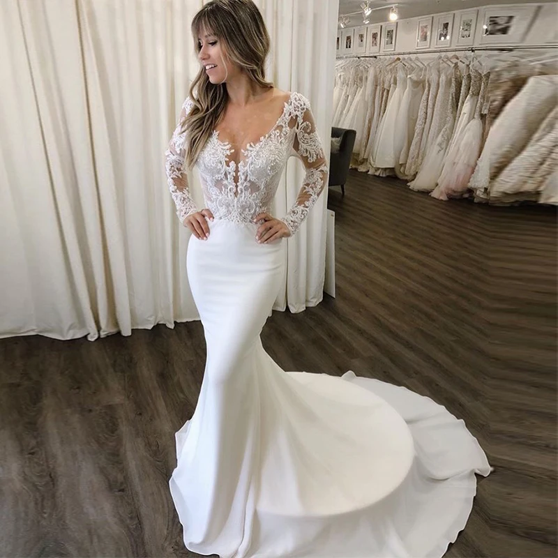 

Sexy Mermaid Wedding Dress With Long Sleeves V-neck Bridal Dress Illusion Bodice Appliques Beading Robe de mariée Chapel Train