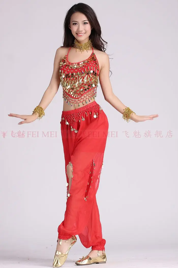 Женский индийский набор костюма для танца живота (топ из шифона с блестками и