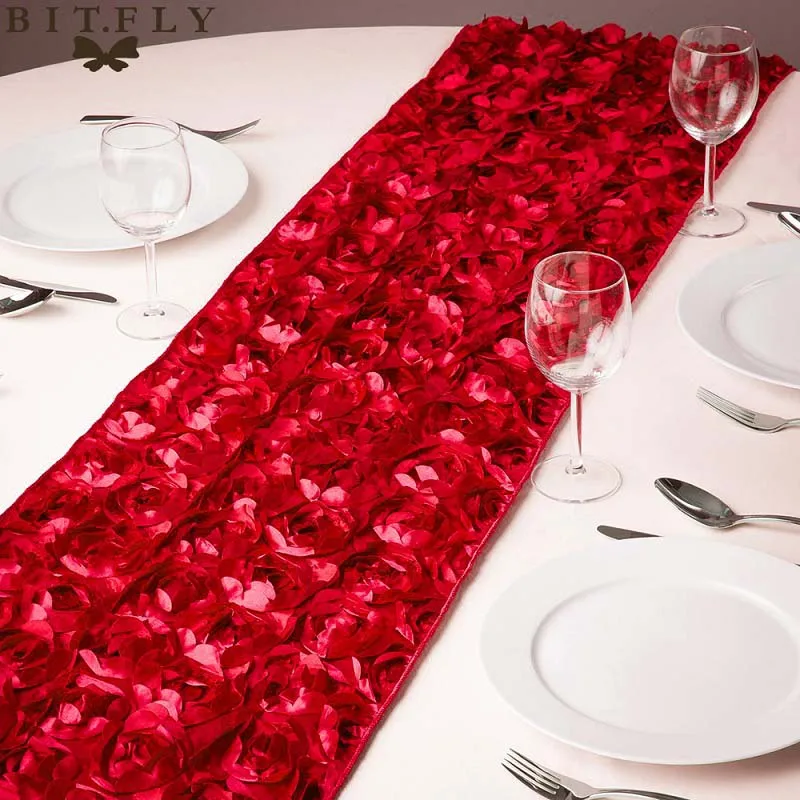 red Новые модные атласные настольные дорожки с розочками 30x275 см, 3D грандиозная Роза, украшения для свадебной вечеринки, домашний текстиль, настольные дорожки - Цвет: red