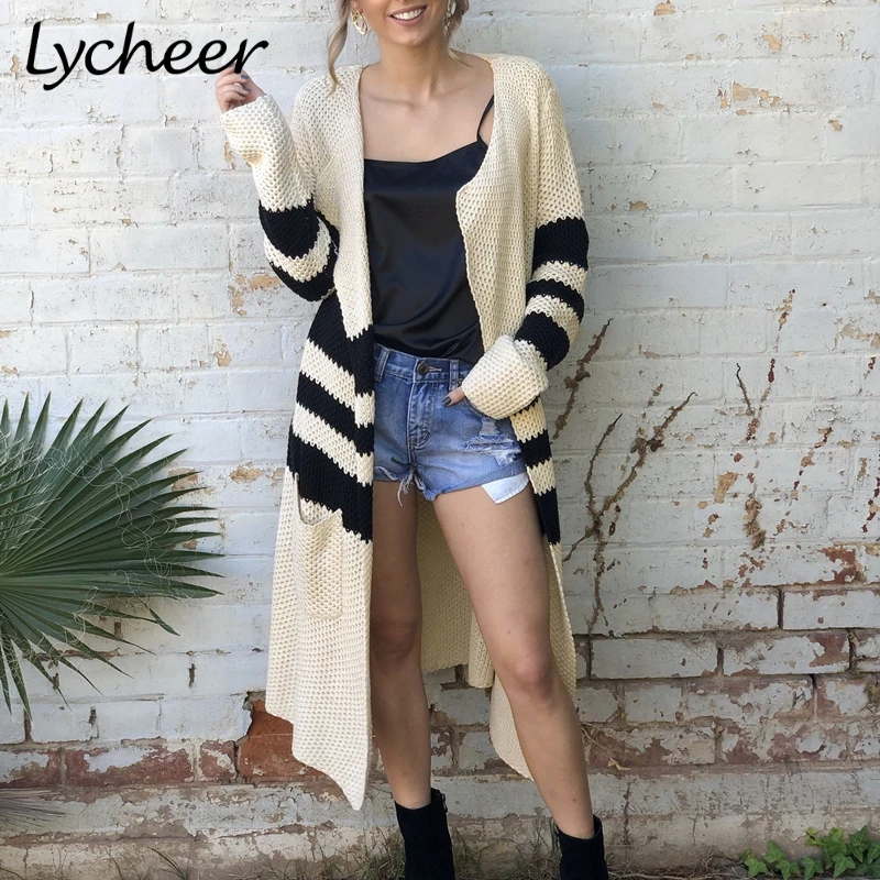 Женский вязаный кардиган в полоску Lycheer повседневный длинный свободного кроя