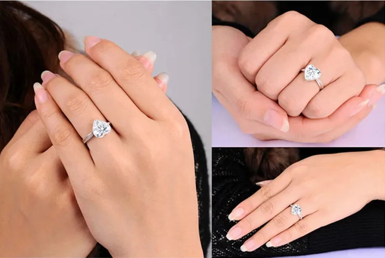 Серебряное кольцо с 3 каратами AAA циркон для женщин Свадебная мода сердце стиль кольца ювелирные изделия 7 8 9 10 LSR048