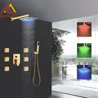 Набор золотых светодиодных смесителей для душа Quyanre, настенное крепление СВЕТОДИОДНЫЙ 3 функции, кран для ванны и душа, 6 массажных насадок, золотой душ