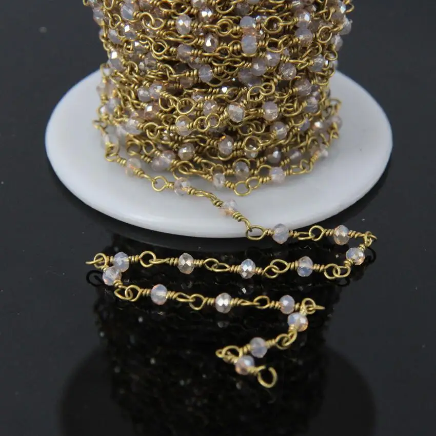 

Champagne Titanium Glass Crystal Brass Wire Wrapped Chain,Faceted Rondelle Beads Rosary Chain,Women Sweater chain 2x3mm