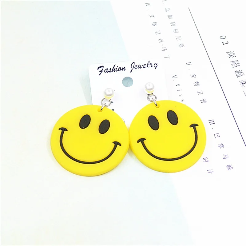 Женские длинные серьги смайлики простые геометрические круглые со смайликом в