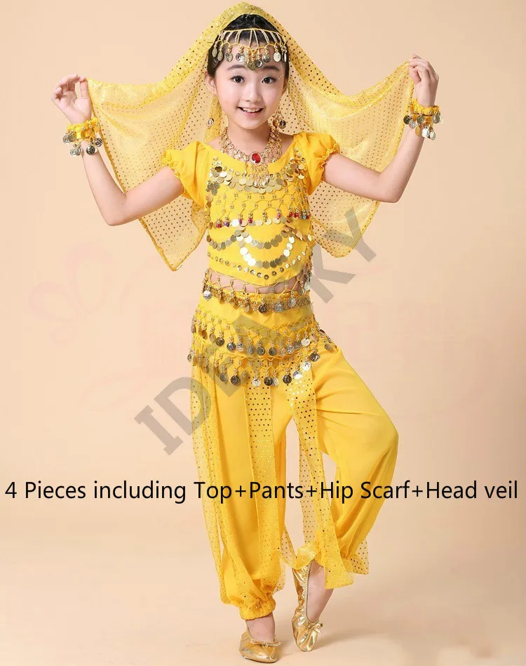 yellow 4pcs Взрослый Женский Детский набор костюма для танца живота восточные Детские платья индийская одежда танец живота дети Индийский Болливуд ребенок - Цвет: yellow 4pcs