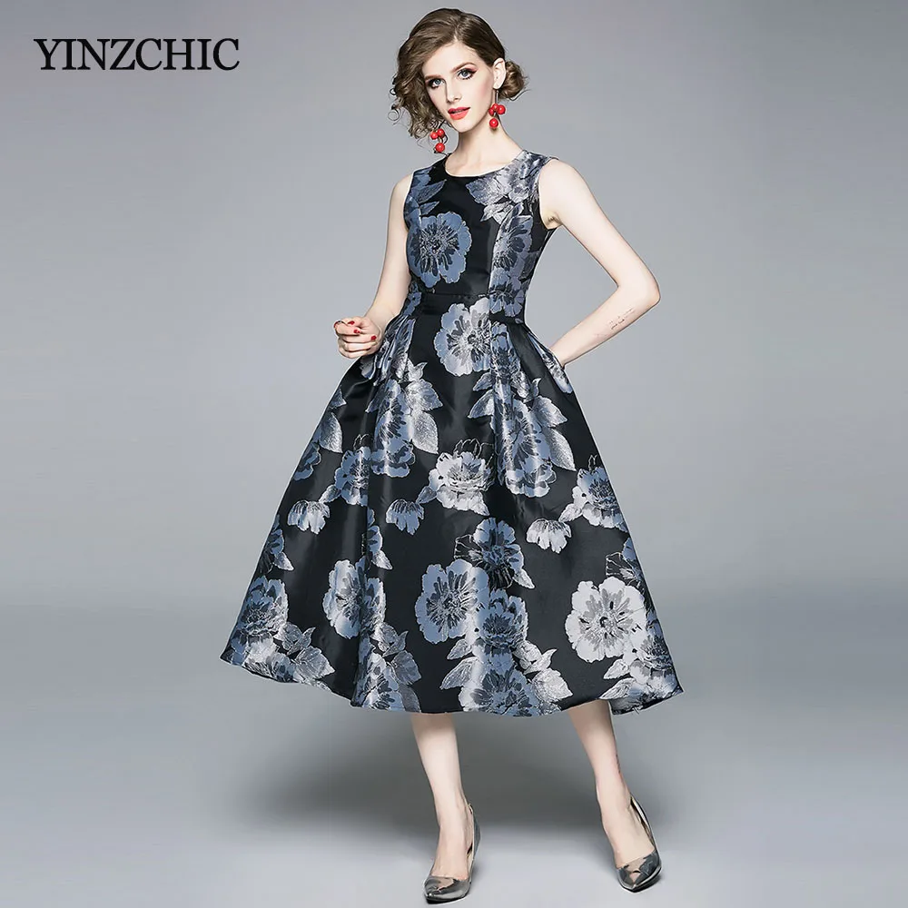 

Autumn Woman Jacquard Mid Dress O-neck Ladies Elegant Party Dresses Sleeveless A-line Floral Dress Woman