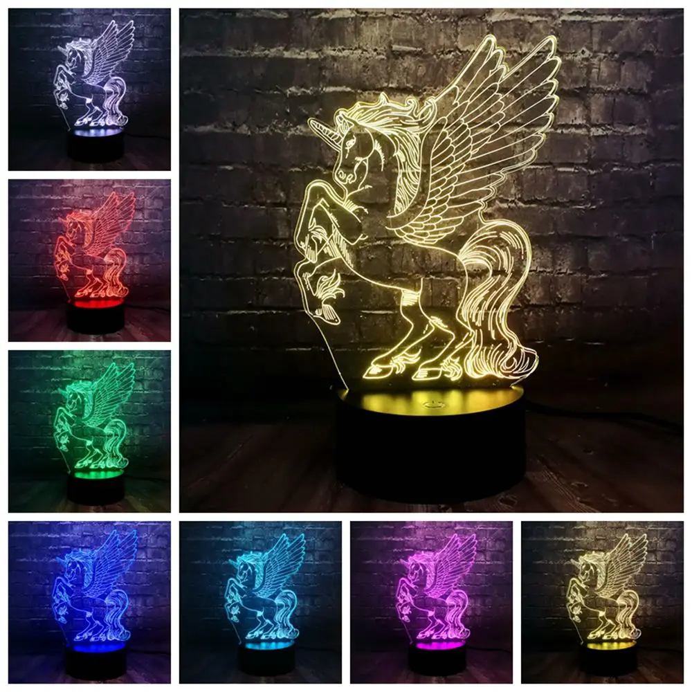 Новая иллюзия акриловая панель 3D светодиодный RGB Лошадь Единорог 7 цветов USB зарядка для детской комнаты декор ночной Светильник для настроения подарок на день детей