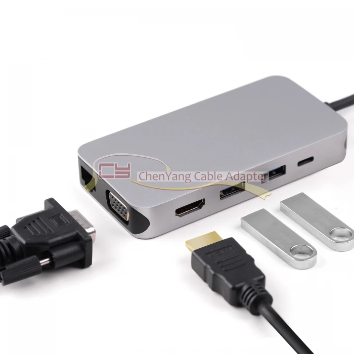 

Multiport Dock USB-C Type C VGA HDMI Gigabit Ethernet 3 Ports HUB TF SD Audio Charger Card Reader Adap