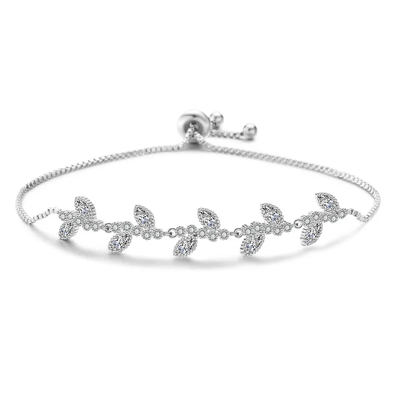 

Tiny Trendy Crystal Willow Leaf Adjustable Necklace High Quality Cubic Zirconia Plant Bracelets For Women Jewelry 2020