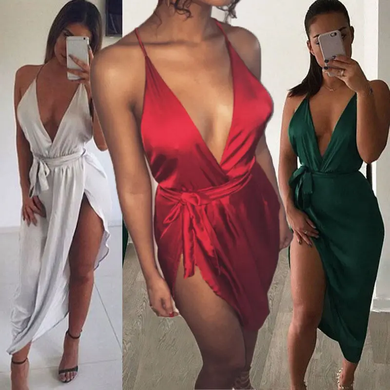 Сексуальное женское платье с глубоким V образным вырезом необычное вязаное