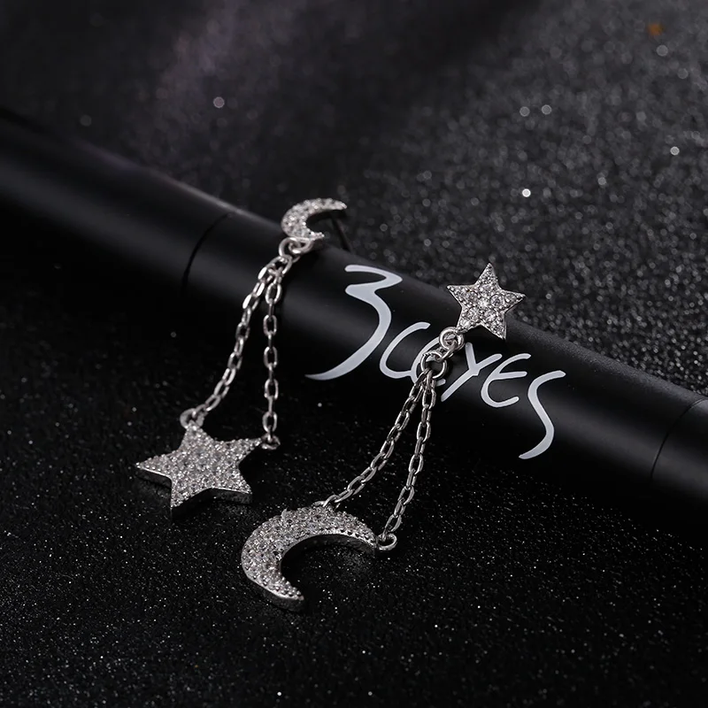 

Luxury Crystal Rhinestone Stud Earrings Copper Hollow Moon Star Earrings Fashion Asymmetric Pendant Earring For Women Pendientes