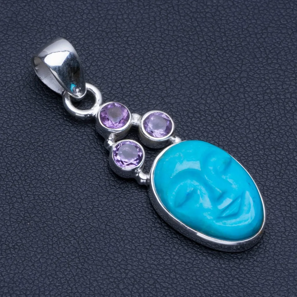 Natural Carved Face Turquoise and Amethyst 925 Sterling Silver Pendant 1 1/2&quot R0172 | Украшения и аксессуары