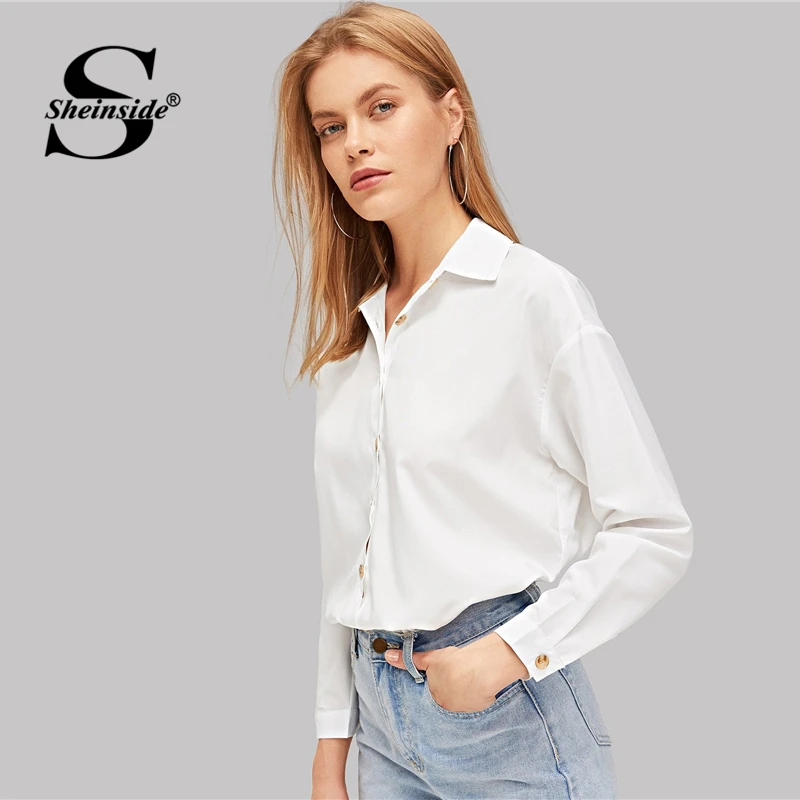 Sheinside, одноцветная белая блузка на пуговицах, рубашка, офисная, для девушек, OL, для работы, с длинным рукавом, Топ для женщин, осень, Женские топы и блузки