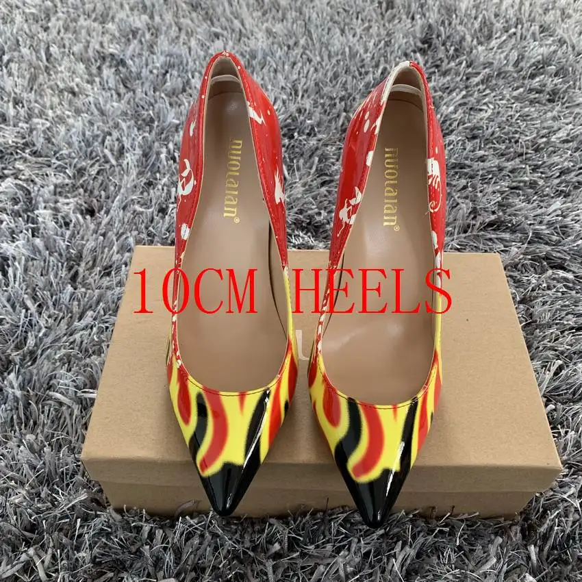 HJ-AL red 10cm Г. Женская обувь женские туфли-лодочки на высоком каблуке 12 см, 10 см, 8 см женские вечерние туфли из лакированной кожи с острым носком и принтом пламени - Цвет: HJ-AL red 10cm