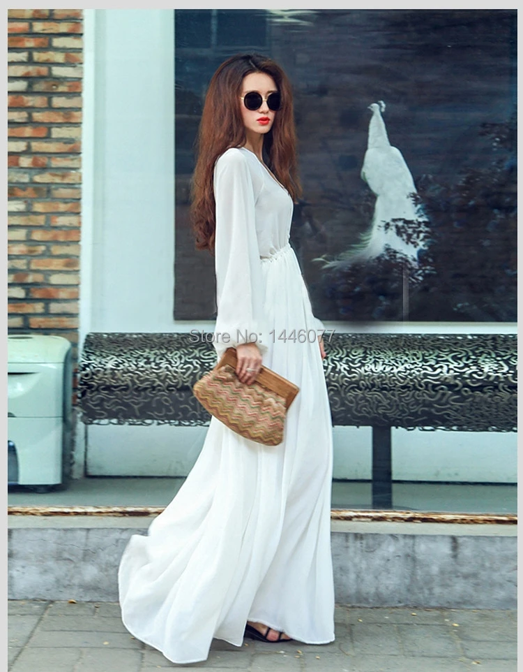 New 2015 Sexy Women Long Sleeve White Chiffon BOHO MAXI Dress Party Beach Prom V neck Lantern Solid Dresses Hot | Женская одежда