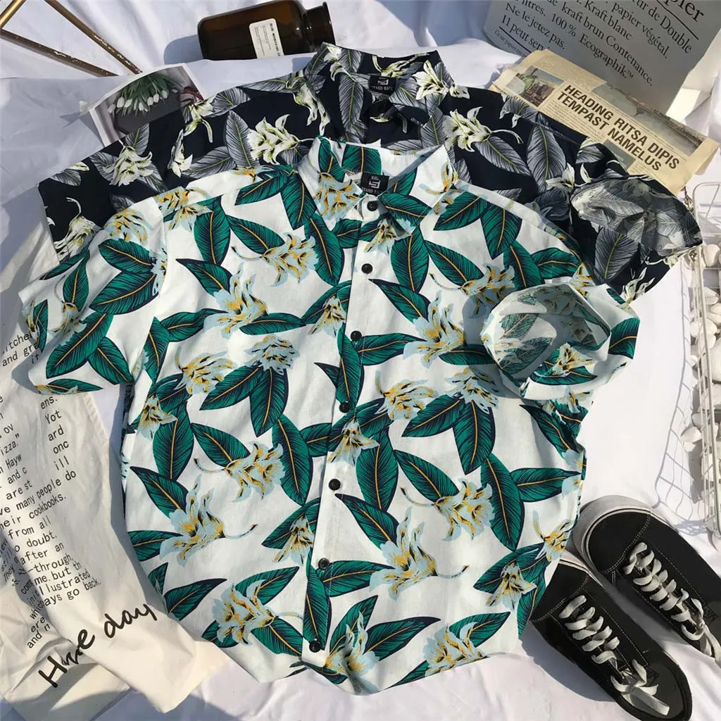 Summer Men's Shirts Blouse Loose Hawaiian Printed Short Sleeve Buttons Up Casual Beach Men Dress Shirts Tops Camisas Hombre