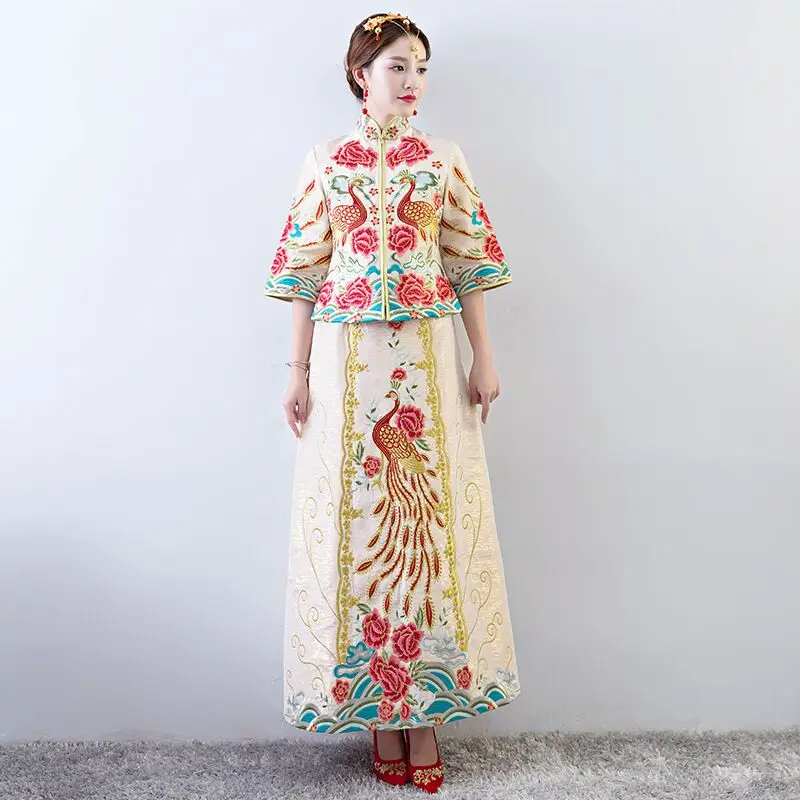 Винтаж китайский стиль Свадебные cheongsam торжественное платье Королевский Павлин Костюм невесты Традиционный Тан вышивка Qipao