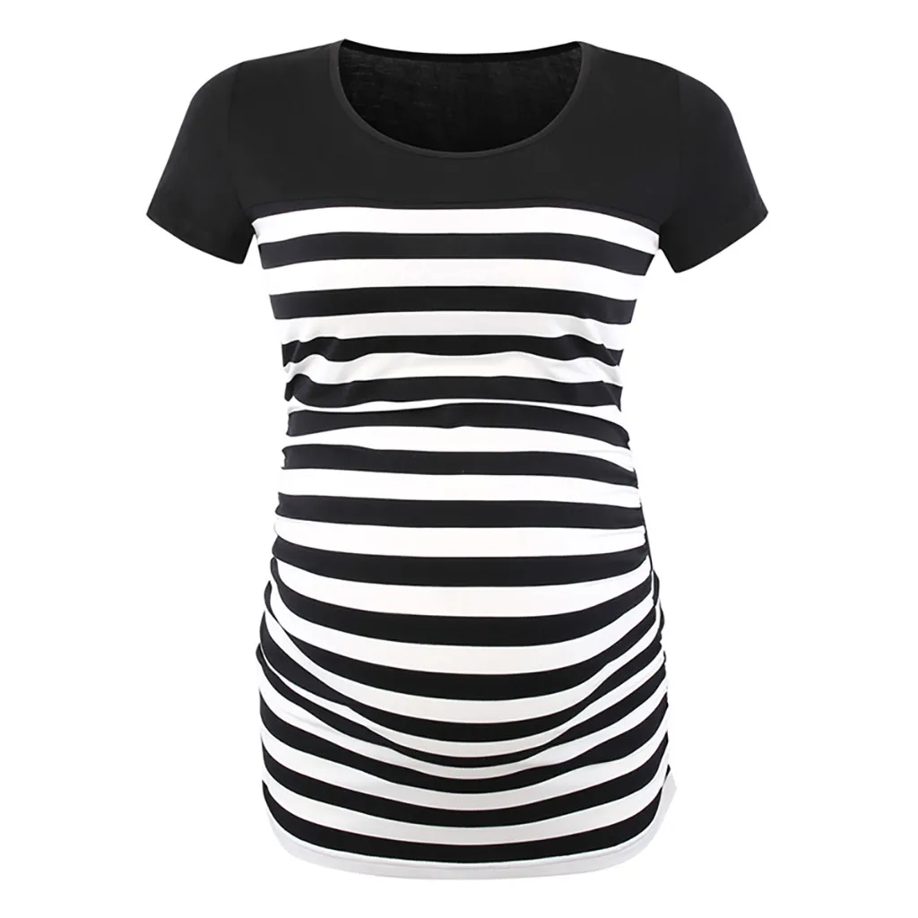 Black Женская одежда для беременных ropa de mujer Одежда для беременных футболка для кормления грудью топы с круглым вырезом полосатая футболка с коротким рукавом - Цвет: Black