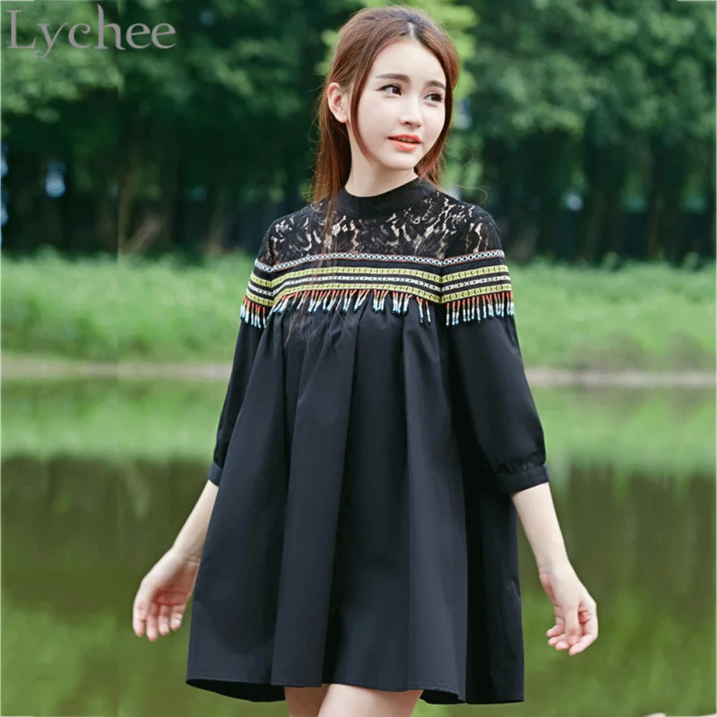 Женское богемное мини платье Lychee милое этническое с вышивкой и кисточками