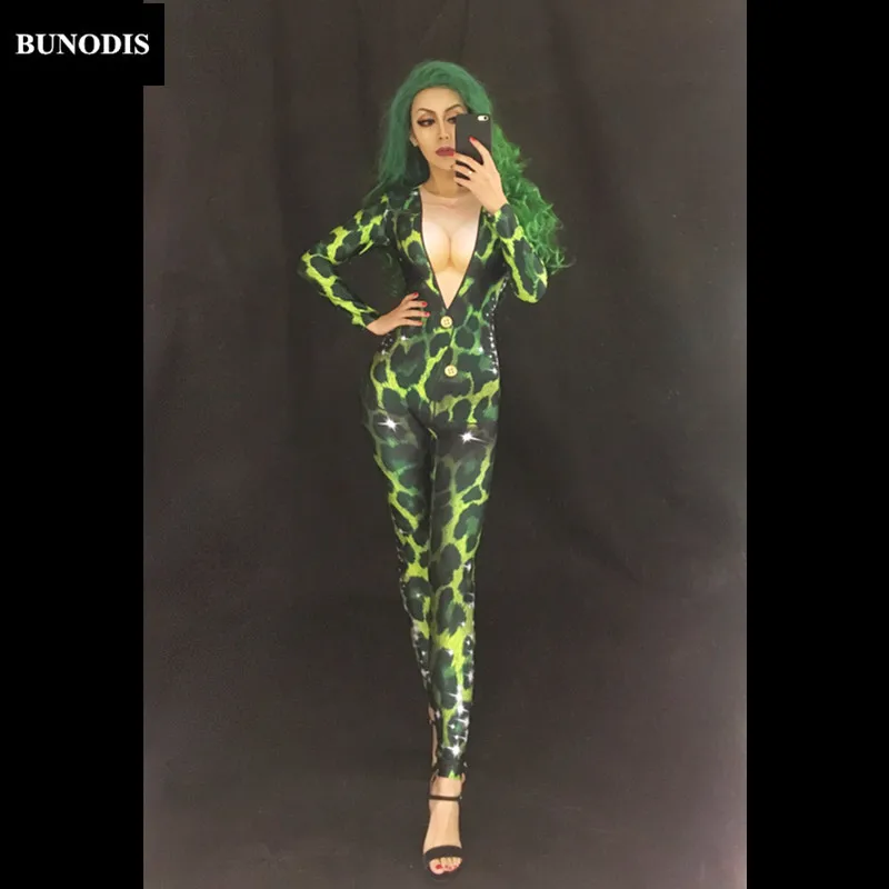 BU143 Зеленый сексуальный женский комбинезон 3D печать ночной клуб Вечерние боди