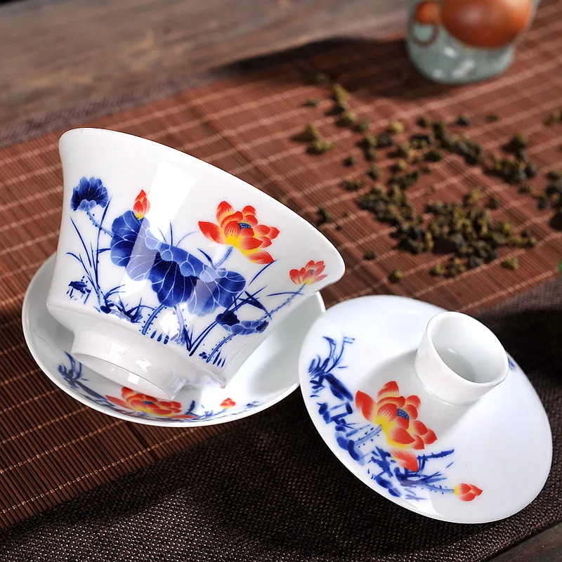 Китайский чайный набор Gaiwan синий и белый фарфоровый кунг фу Tureen керамическая